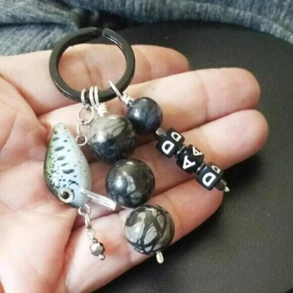 DAD! Personalized Fishing Lure Key Chain - Beaded Black + Gray Fish Key Ring